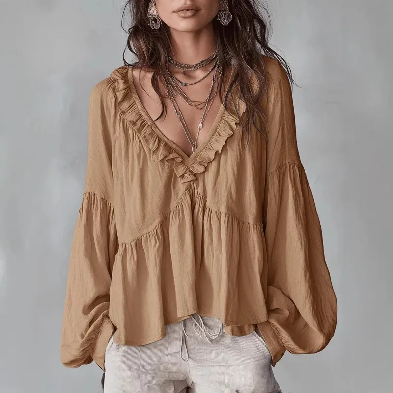 Women Ruffle V Neck Lantern Sleeve Blouse Loose Pleated Casual Shirt Top Spring Summer Boho Outfit
Women Ruffle V Neck Lantern Sleeve Blouse Loose Pleated Casual Shirt Top Spring Summer Boho Outfit