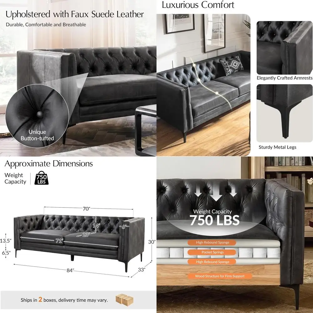 84 Wide Auxiliary Leather Sofa with Metal Legs, Button-Tufted 3-Seat Couch, Modern Century Style Upholstered Living Room Furnitu
84 Wide Auxiliary Leather Sofa with Metal Legs, Button-Tufted 3-Seat Couch, Modern Century Style Upholstered Living Room Furnitu