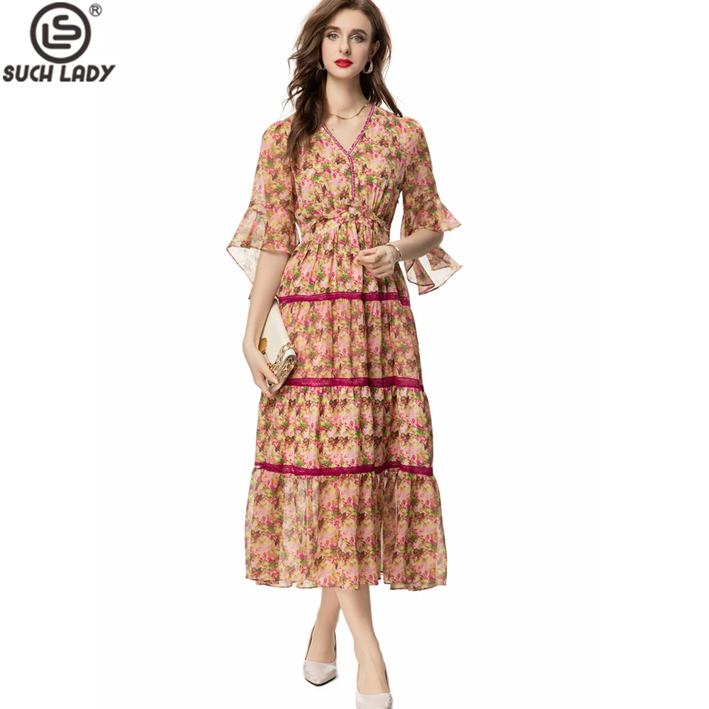 Women's Runway Dresses V Neck 3/4 Sleeves Floral Printed Lace Tiered Line Trim Elegant Designer Vestidos
Women's Runway Dresses V Neck 3/4 Sleeves Floral Printed Lace Tiered Line Trim Elegant Designer Vestidos