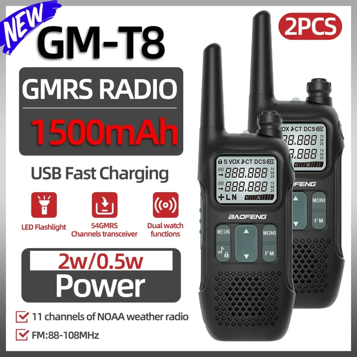 Baofeng GMRS GM-T8 Walkie Talkies NOAA Long Range Rechargable Portable Two Way Radio USB Charger for Camping Trip
Baofeng GMRS GM-T8 Walkie Talkies NOAA Long Range Rechargable Portable Two Way Radio USB Charger for Camping Trip