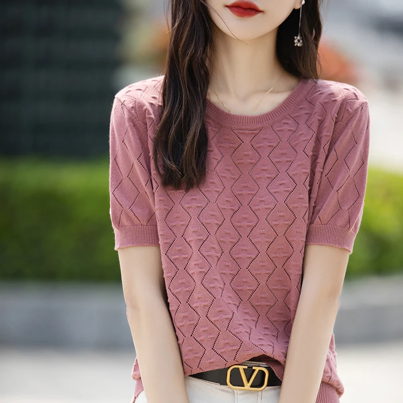 Summer New 100% Pure Cotton Sweater Short sleeved Women's Casual Solid Color Knitted Round Neck Top Loose Fashion Pullover T-shi
Summer New 100% Pure Cotton Sweater Short sleeved Women's Casual Solid Color Knitted Round Neck Top Loose Fashion Pullover T-shi