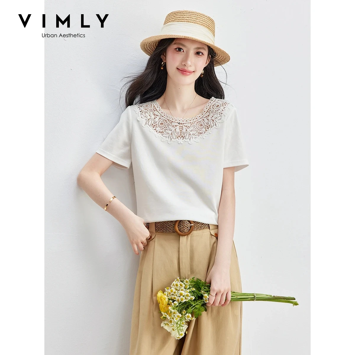 VIMLY Elegant Hollow Out Lace Crew Neck Top Women 2026 Summer White Cotton Short Sleeve Casual Versatile Loose T-shirt A6832
VIMLY Elegant Hollow Out Lace Crew Neck Top Women 2026 Summer White Cotton Short Sleeve Casual Versatile Loose T-shirt A6832