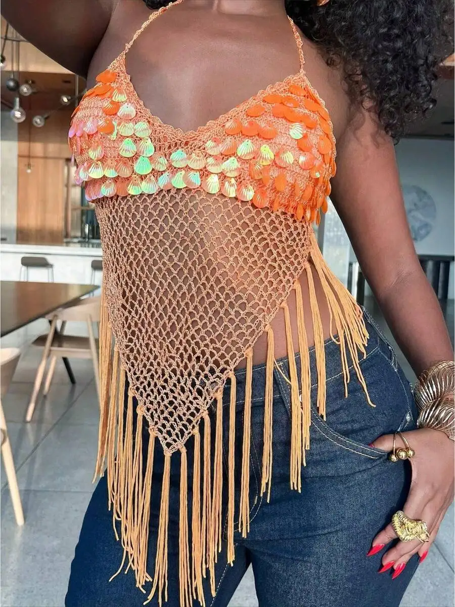 Womens Crochet Halter Top With Sequin Shell And Tassel Fringe Beach Cover Up
Womens Crochet Halter Top With Sequin Shell And Tassel Fringe Beach Cover Up