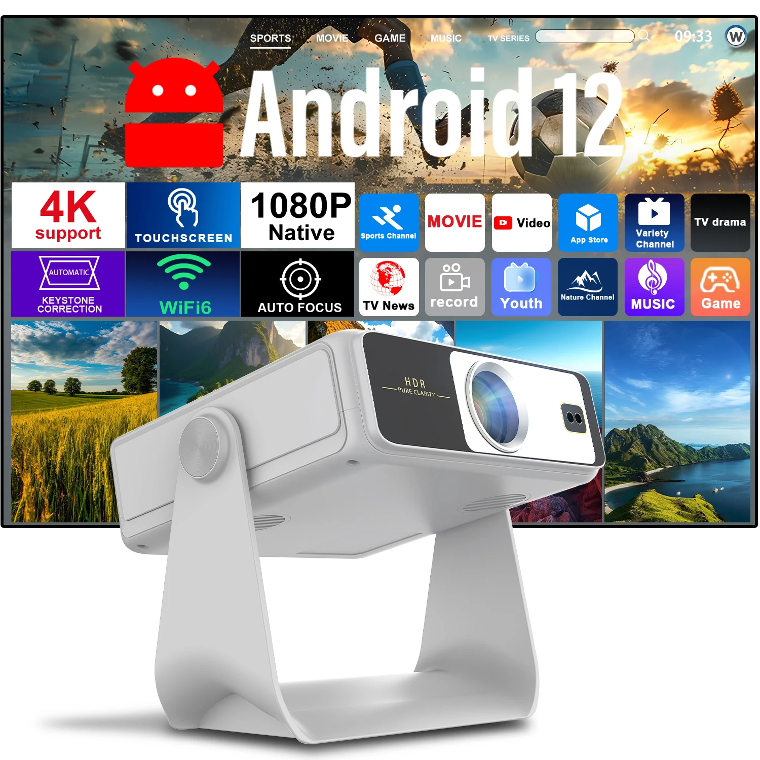 1080P 4K 7 Inch Touch Projector Android 12 Auto Focus 180° Rotation Ceiling View HDMI USB BT WiFi Smart Cinema
1080P 4K 7 Inch Touch Projector Android 12 Auto Focus 180° Rotation Ceiling View HDMI USB BT WiFi Smart Cinema