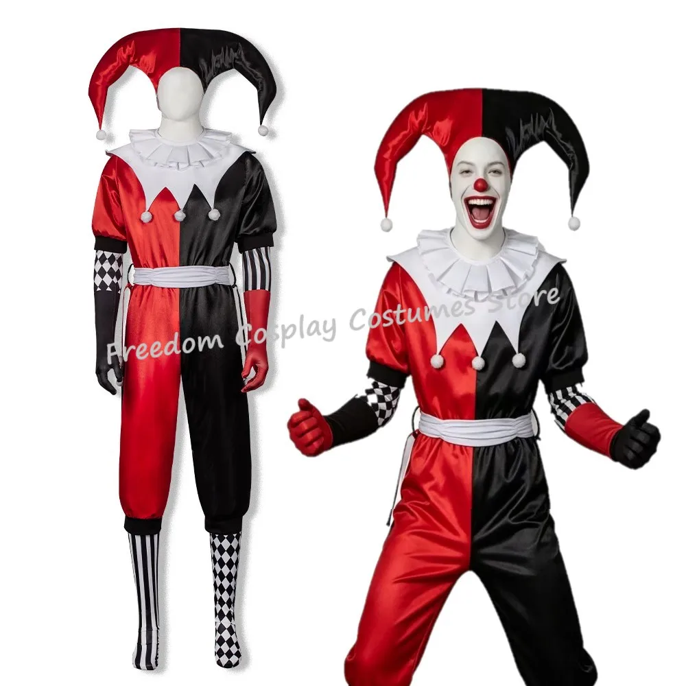 2026 NEW Adult Man Women Clown Cosplay Costume joker Black Red Jumpsuit Hat with Gloves Socks Christmas Halloween Party suit
2026 NEW Adult Man Women Clown Cosplay Costume joker Black Red Jumpsuit Hat with Gloves Socks Christmas Halloween Party suit