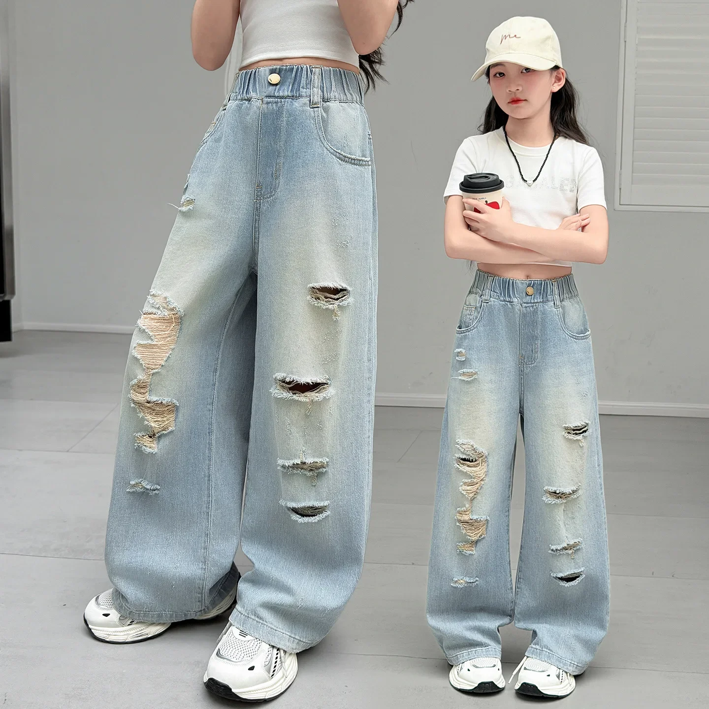Teenage Girls Summer Loose Straight Jeans with Distressed Ripped for Kids Street Style Destroyed Denim Pants Children's Trousers
Teenage Girls Summer Loose Straight Jeans with Distressed Ripped for Kids Street Style Destroyed Denim Pants Children's Trousers