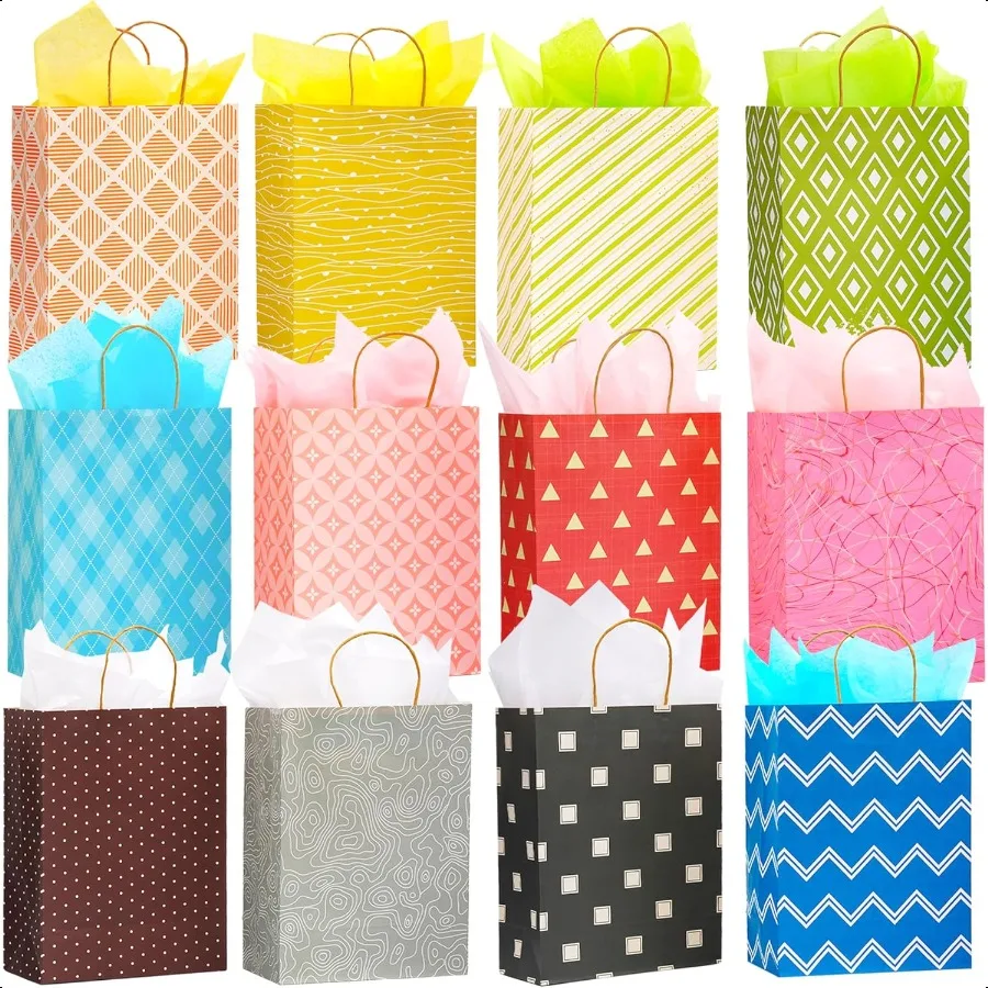 12 Pack 13" Large Kraft Paper Gift Bags Assortment with Tissue Paper and Handles 12 Unique Solid and Geometric Pattern Designs
12 Pack 13" Large Kraft Paper Gift Bags Assortment with Tissue Paper and Handles 12 Unique Solid and Geometric Pattern Designs