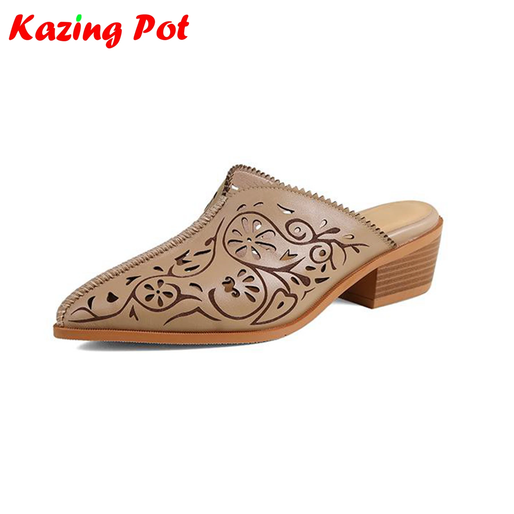 Krazing Pot Cow Skin Mules Pointed Toe Med Heels Summer Sandals Hollow Carving Decoration Big Size 43 Oriental Style Women Pumps
Krazing Pot Cow Skin Mules Pointed Toe Med Heels Summer Sandals Hollow Carving Decoration Big Size 43 Oriental Style Women Pumps