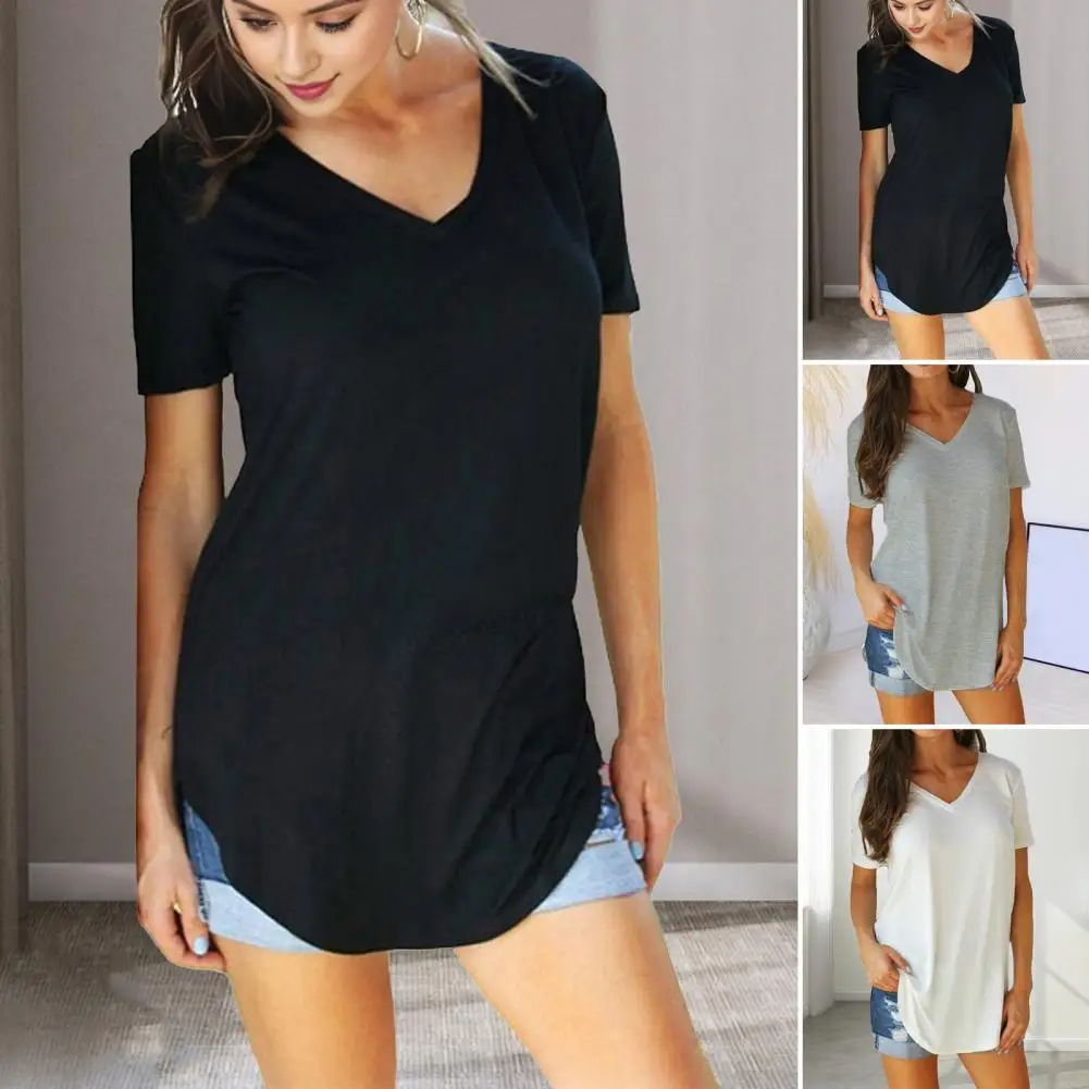 Elastic Short Sleeve Top Stylish Women's V-neck Tee Shirt Solid Color Casual Top for Summer Loose Fit Mid-length for Streetwear
Elastic Short Sleeve Top Stylish Women's V-neck Tee Shirt Solid Color Casual Top for Summer Loose Fit Mid-length for Streetwear