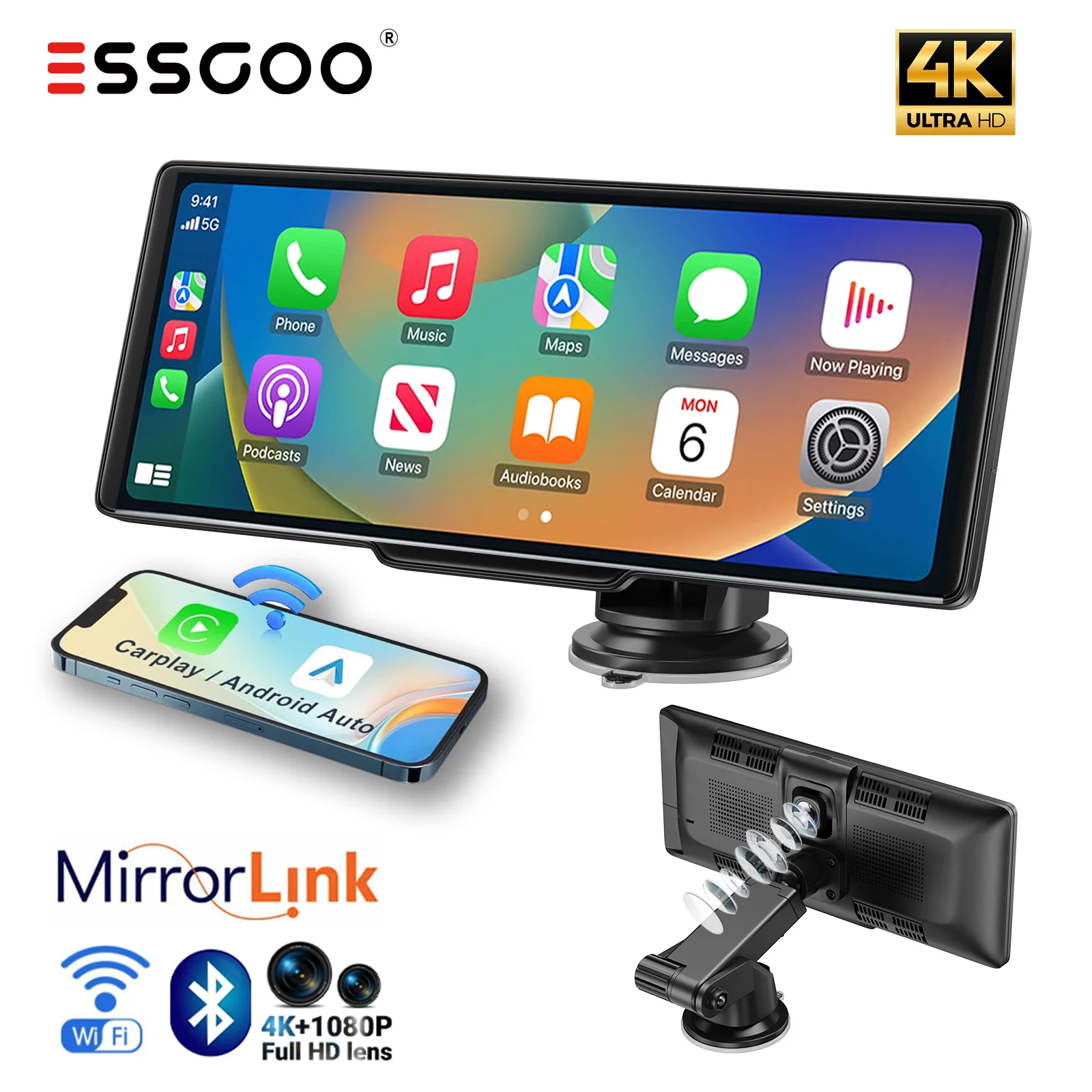 ESSGOO 10.26-Inch 4K Dash Cam DVR Wireless Carplay Android Auto Front Rear Dual Lens Video Recorder Car Stereo WiFi Bluetooth
ESSGOO 10.26-Inch 4K Dash Cam DVR Wireless Carplay Android Auto Front Rear Dual Lens Video Recorder Car Stereo WiFi Bluetooth