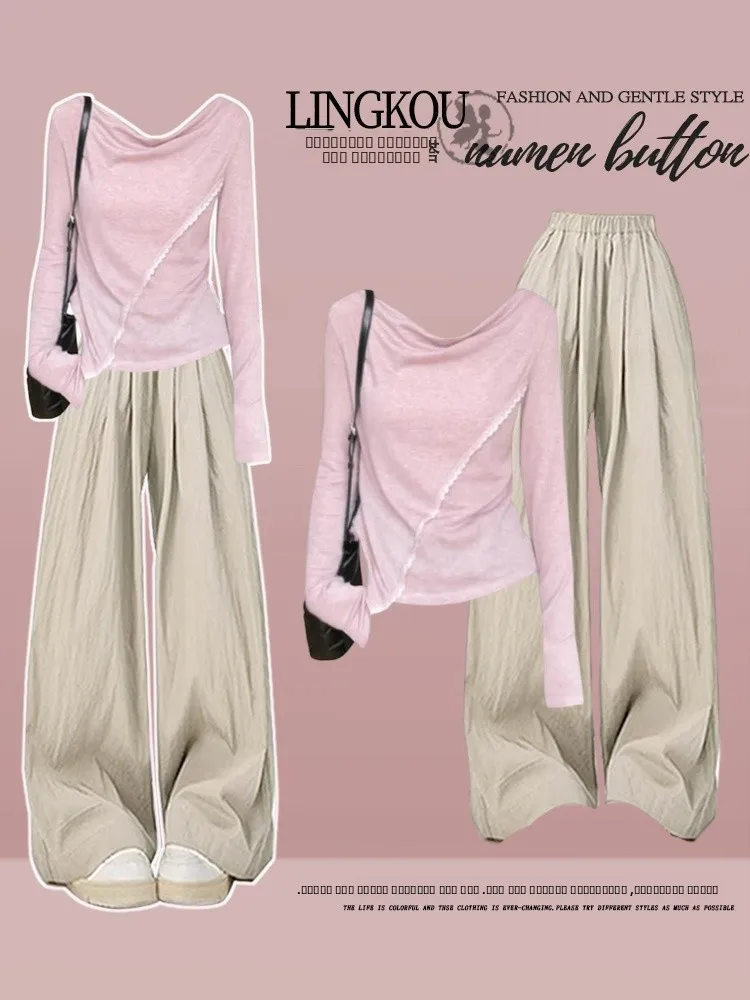 Ladies Casual Spring Outfit Long Sleeve T-Shirt And Wide Leg Pants Two Piece Set Comfortable Korean Style Fashion Ensemble
Ladies Casual Spring Outfit Long Sleeve T-Shirt And Wide Leg Pants Two Piece Set Comfortable Korean Style Fashion Ensemble