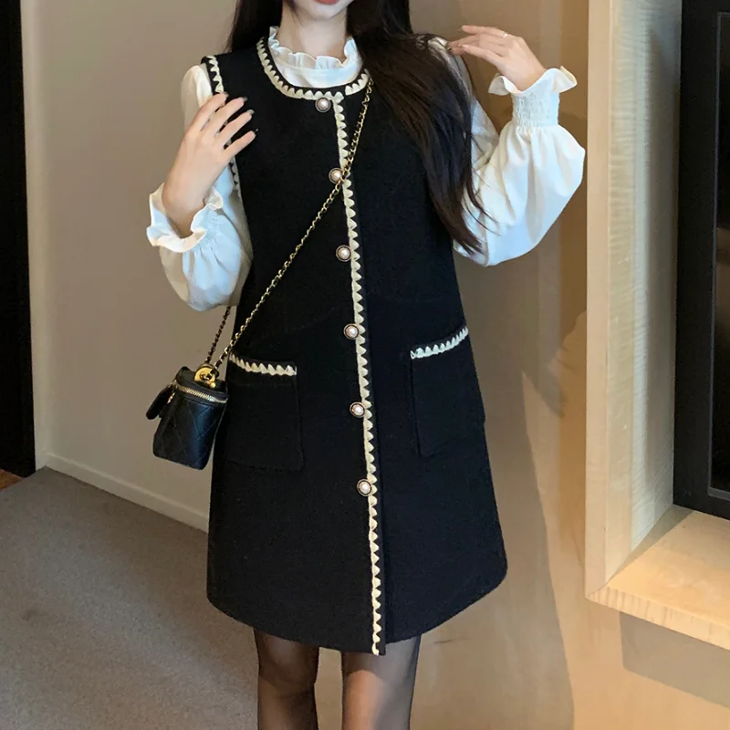 Women Black Sleeveless Vest Mini Dress + Long Sleeve Shirt Sweet Set Elegant Casual Basic Small Fragrant French Two-piece Suit
Women Black Sleeveless Vest Mini Dress + Long Sleeve Shirt Sweet Set Elegant Casual Basic Small Fragrant French Two-piece Suit