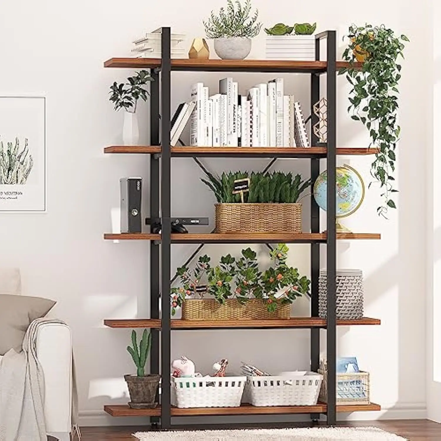 Wood and Metal Minimalist 5 Tier Bookshelf, 6 Feet Tall Open Rustic Wide Bookcase Industrial Style, Modern Wooden Big Book She
Wood and Metal Minimalist 5 Tier Bookshelf, 6 Feet Tall Open Rustic Wide Bookcase Industrial Style, Modern Wooden Big Book She