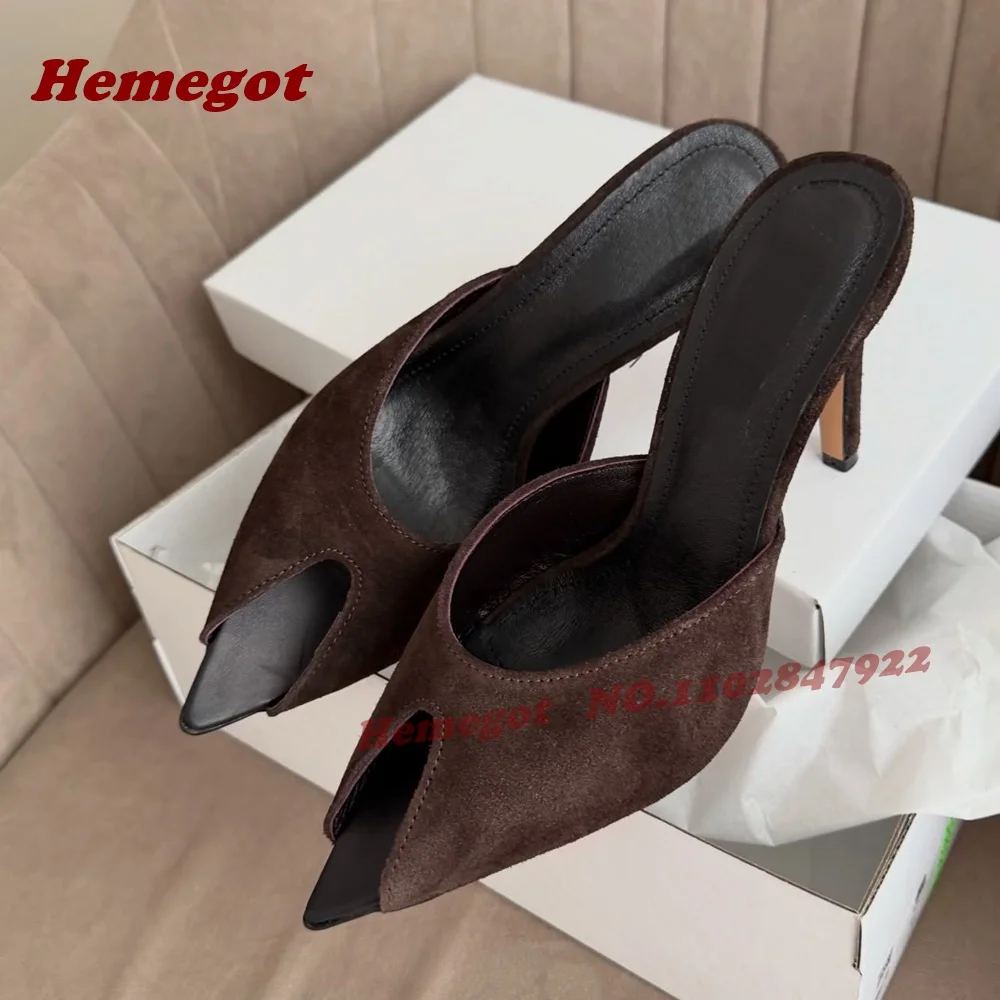 Brown Suede Pointed Toe Mules Peep-Toe Cutout Stiletto Slip-On Heels Slippers Patchwork Outside Casual Runway Shoes Sexy 2026
Brown Suede Pointed Toe Mules Peep-Toe Cutout Stiletto Slip-On Heels Slippers Patchwork Outside Casual Runway Shoes Sexy 2026