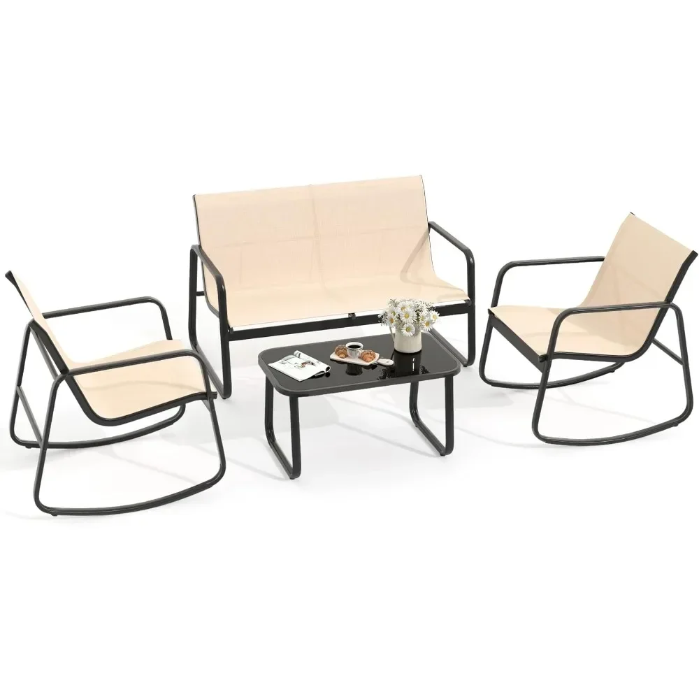 4 Piece Patio Furniture Set, Outdoor Conversation for Patio, Lawn, Garden, Poolside w/ Rocking Chair Set of 2&Glass Coffee Table
4 Piece Patio Furniture Set, Outdoor Conversation for Patio, Lawn, Garden, Poolside w/ Rocking Chair Set of 2&Glass Coffee Table