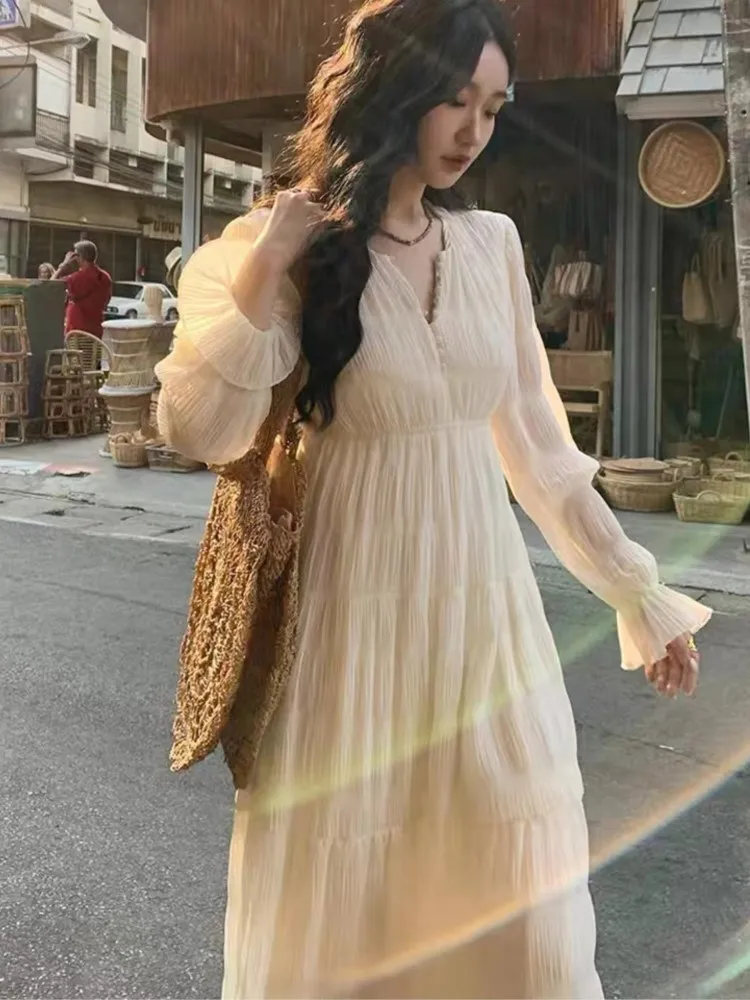 French V-Neck Elegant Dress For Woman Spring New Fashion Pleated High-Waist Casual Long Sleeves Dresses 2025 Holiday Vestidos
French V-Neck Elegant Dress For Woman Spring New Fashion Pleated High-Waist Casual Long Sleeves Dresses 2025 Holiday Vestidos