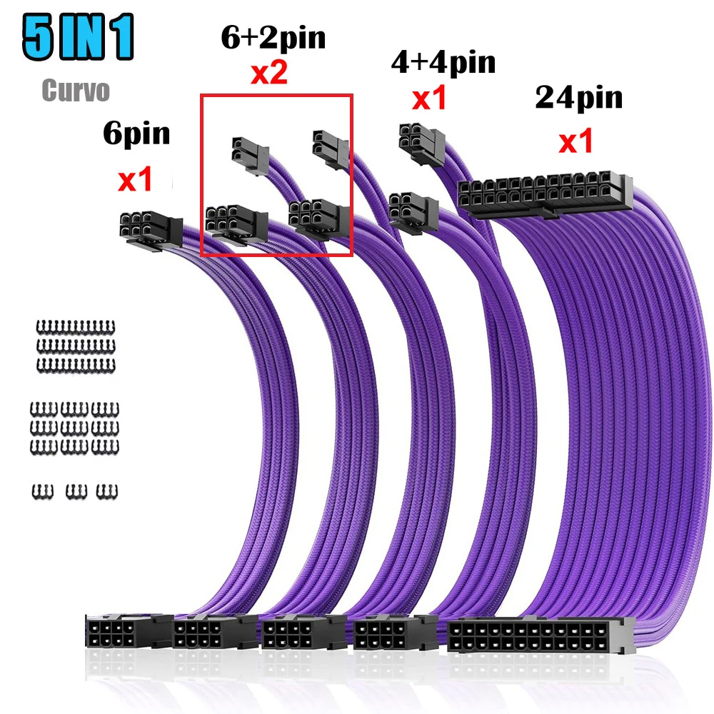 PSU Extension Cable Kit 24Pin ATX 8Pin EPS 6+2Pin PCIe 6Pin PCIe 18AWG Braided Power Supply Cable with Cable Combs for PC