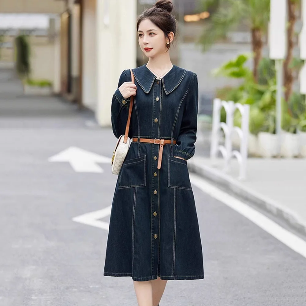 New Women Spring Autumn Denim Dress Fashion Turn-down Collar Long Sleeve A-Line Dress Casual Vintage Blue Below the Knee Dress
New Women Spring Autumn Denim Dress Fashion Turn-down Collar Long Sleeve A-Line Dress Casual Vintage Blue Below the Knee Dress