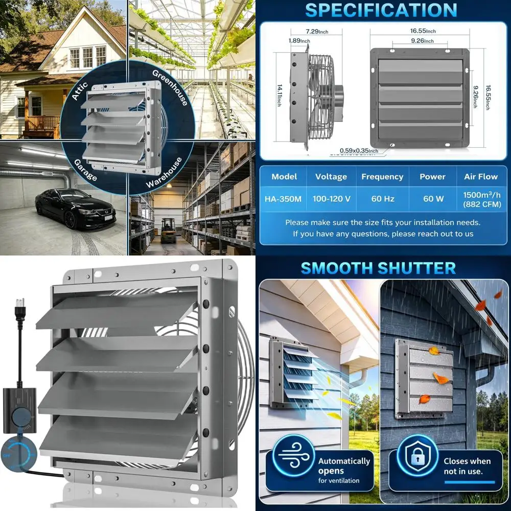 14 Shutter Exhaust Fan with Variable Speed Control, 882 CFM Airflow, 1600 RPM, Automatic Shutters, Suitable for Garages, Sheds,
14 Shutter Exhaust Fan with Variable Speed Control, 882 CFM Airflow, 1600 RPM, Automatic Shutters, Suitable for Garages, Sheds,