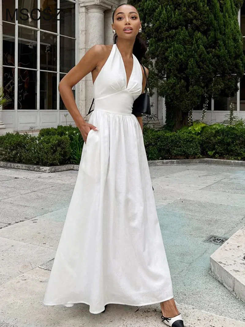 MSCSZ White Halter Maxi Dresses Woman 2025 Sexy Plunging Backless Summer Dress Elegant High Waist Fit And Flare Prom Dress
MSCSZ White Halter Maxi Dresses Woman 2025 Sexy Plunging Backless Summer Dress Elegant High Waist Fit And Flare Prom Dress