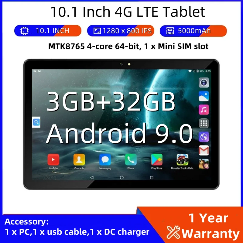 3GB RAM 32GB ROM 10.1 INCH 4G LTE Tablet PC 64-bit Android 9.0 MTK8765 Quad Core CPU 5000mAh WIFI Dual Camera 1280 x 800 Pixels
3GB RAM 32GB ROM 10.1 INCH 4G LTE Tablet PC 64-bit Android 9.0 MTK8765 Quad Core CPU 5000mAh WIFI Dual Camera 1280 x 800 Pixels
