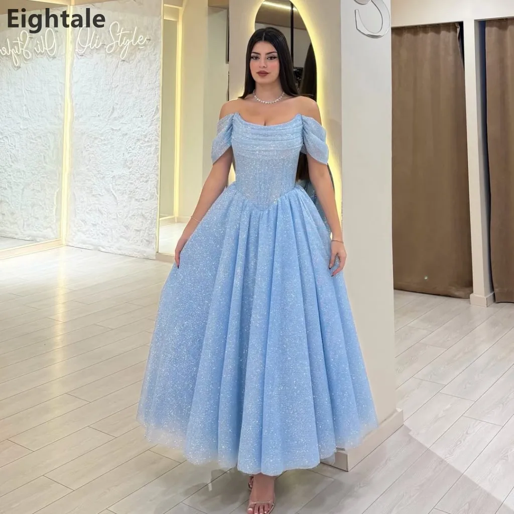 Eightale 2026 Sky Blue Ankle Length Evening Dress With Wrap Off Shoulder Shinning A-Line Prom Gown Party Gown Customized
Eightale 2026 Sky Blue Ankle Length Evening Dress With Wrap Off Shoulder Shinning A-Line Prom Gown Party Gown Customized
