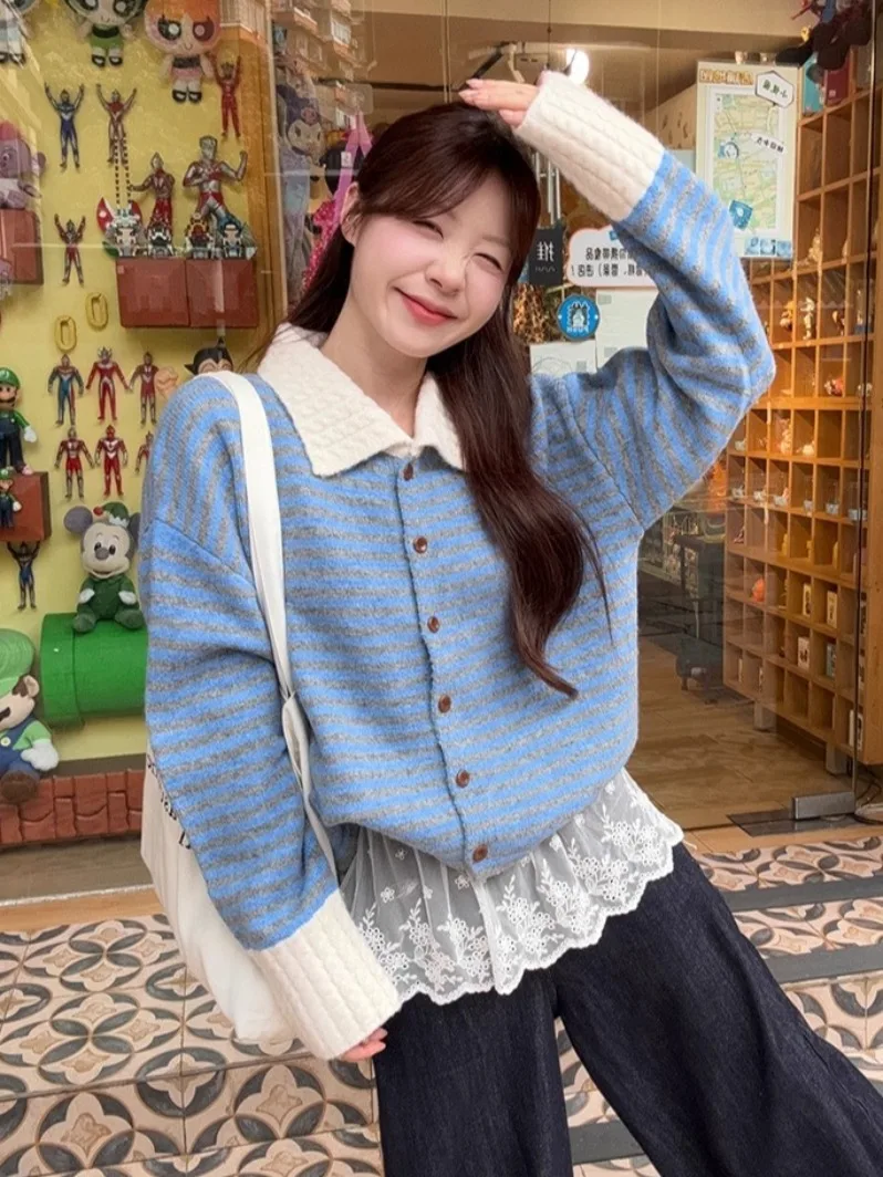 Ele Blue Striped Collar Knitted Sweater Outerwear Women's Autumn Loose Fit Comfortable Sli Long Sve Top
Ele Blue Striped Collar Knitted Sweater Outerwear Women's Autumn Loose Fit Comfortable Sli Long Sve Top