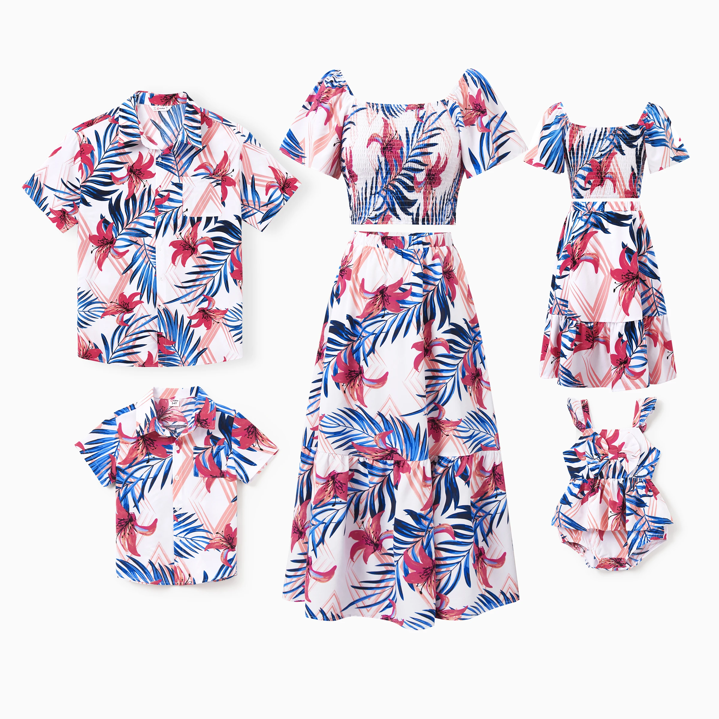 PatPat Tropical Floral Family Matching Outfits Pink Blue Leaf Print Short-sleeve Shirt or One Shoulder Smocked top and Skirt
PatPat Tropical Floral Family Matching Outfits Pink Blue Leaf Print Short-sleeve Shirt or One Shoulder Smocked top and Skirt