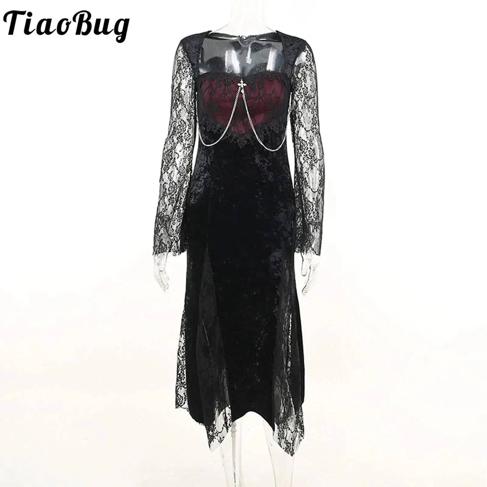 Women Gothic Punk Dress Long Flared Sleeve Slit Hem Sheer Floral Lace Patchwork Velvet Dress for Halloween Vampire Cosplay Party
Women Gothic Punk Dress Long Flared Sleeve Slit Hem Sheer Floral Lace Patchwork Velvet Dress for Halloween Vampire Cosplay Party