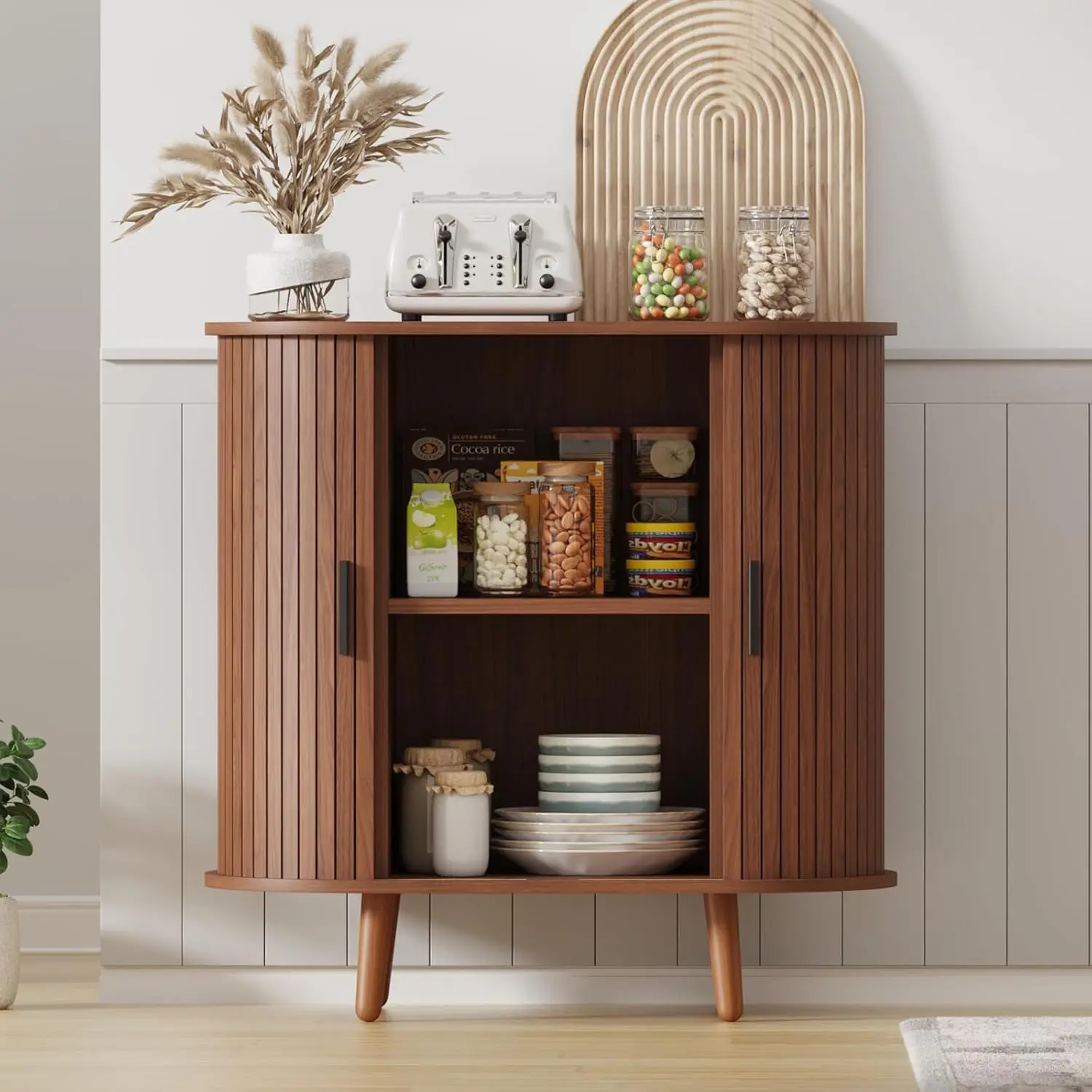 31.5" Buffet Storage Sideboard Sliding Door Curved Edge Living Room Kitchen Cabinet, Customized
31.5" Buffet Storage Sideboard Sliding Door Curved Edge Living Room Kitchen Cabinet, Customized