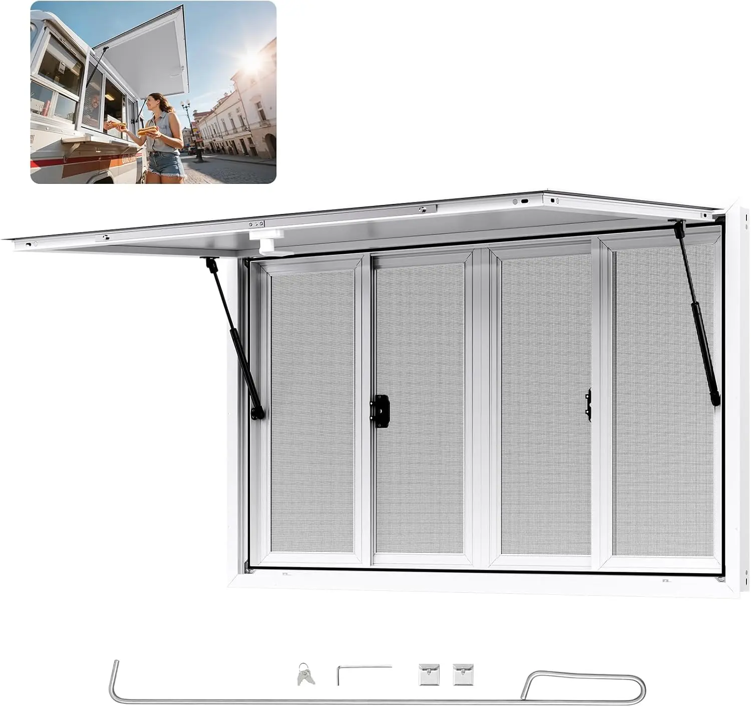 Concession Window, Aluminum Alloy Frame Service Window for Food Truck, Up to 85 Degrees Stand Serving with Awning Door and Drag
Concession Window, Aluminum Alloy Frame Service Window for Food Truck, Up to 85 Degrees Stand Serving with Awning Door and Drag