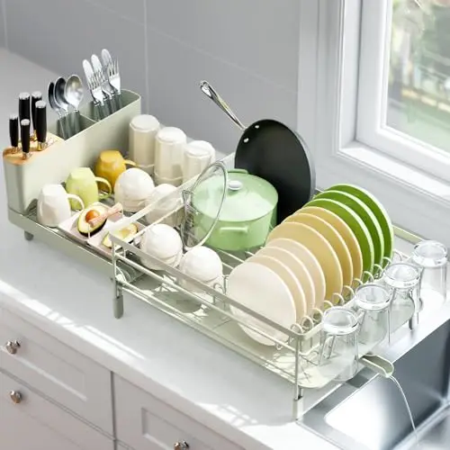 Multifunctional Expandable Kitchen Counter Dish Drainer In Soft Celery Green With Integrated Utensil And Glass Holder 18.5–26.7
Multifunctional Expandable Kitchen Counter Dish Drainer In Soft Celery Green With Integrated Utensil And Glass Holder 18.5–26.7