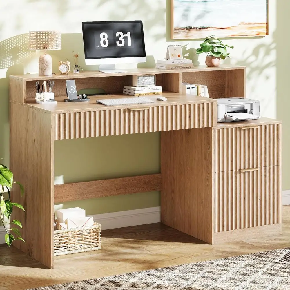 Oak Computer Desk with Drawers, Home Office Desk with Outlets, Printer Stand, Storage Cabinet & Long Monitor Stand
Oak Computer Desk with Drawers, Home Office Desk with Outlets, Printer Stand, Storage Cabinet & Long Monitor Stand