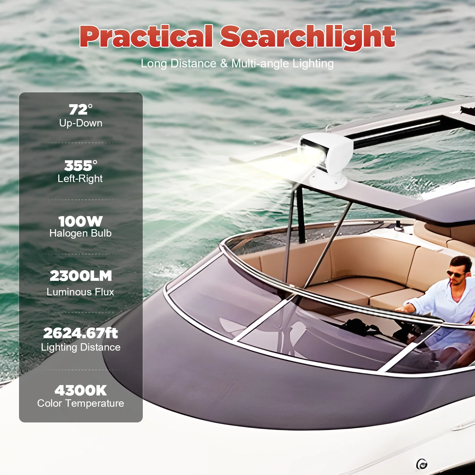 12V Remote Control Marine Spotlight 100W Halogen Searchlight 355° Rotating Waterproof IP66 Boat Truck Yacht RV Remote Controlled Search Light (White)
12V Remote Control Marine Spotlight 100W Halogen Searchlight 355° Rotating Waterproof IP66 Boat Truck Yacht RV Remote Controlled Search Light (White)