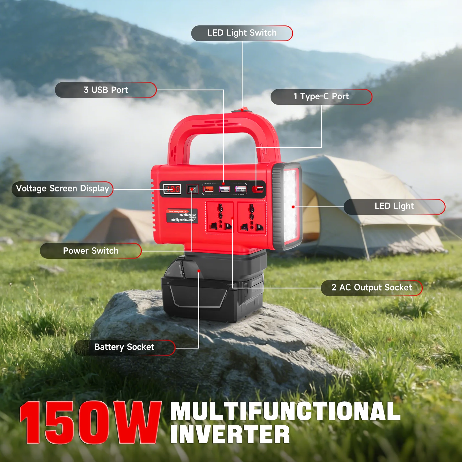 150W Power Inverter for Milwaukee 18V Battery DC 18V to AC 220V Converter Adapter Outdoor Camping Power Station with LED Light
150W Power Inverter for Milwaukee 18V Battery DC 18V to AC 220V Converter Adapter Outdoor Camping Power Station with LED Light