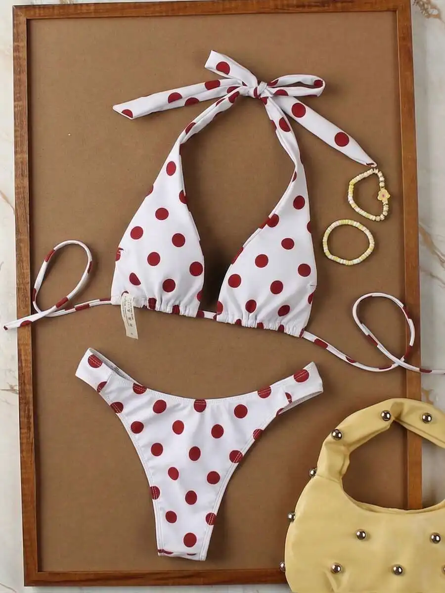 Women White Red Polka Dot Halter Tie Bikini Swimwear Set For Beach Vacation
Women White Red Polka Dot Halter Tie Bikini Swimwear Set For Beach Vacation
