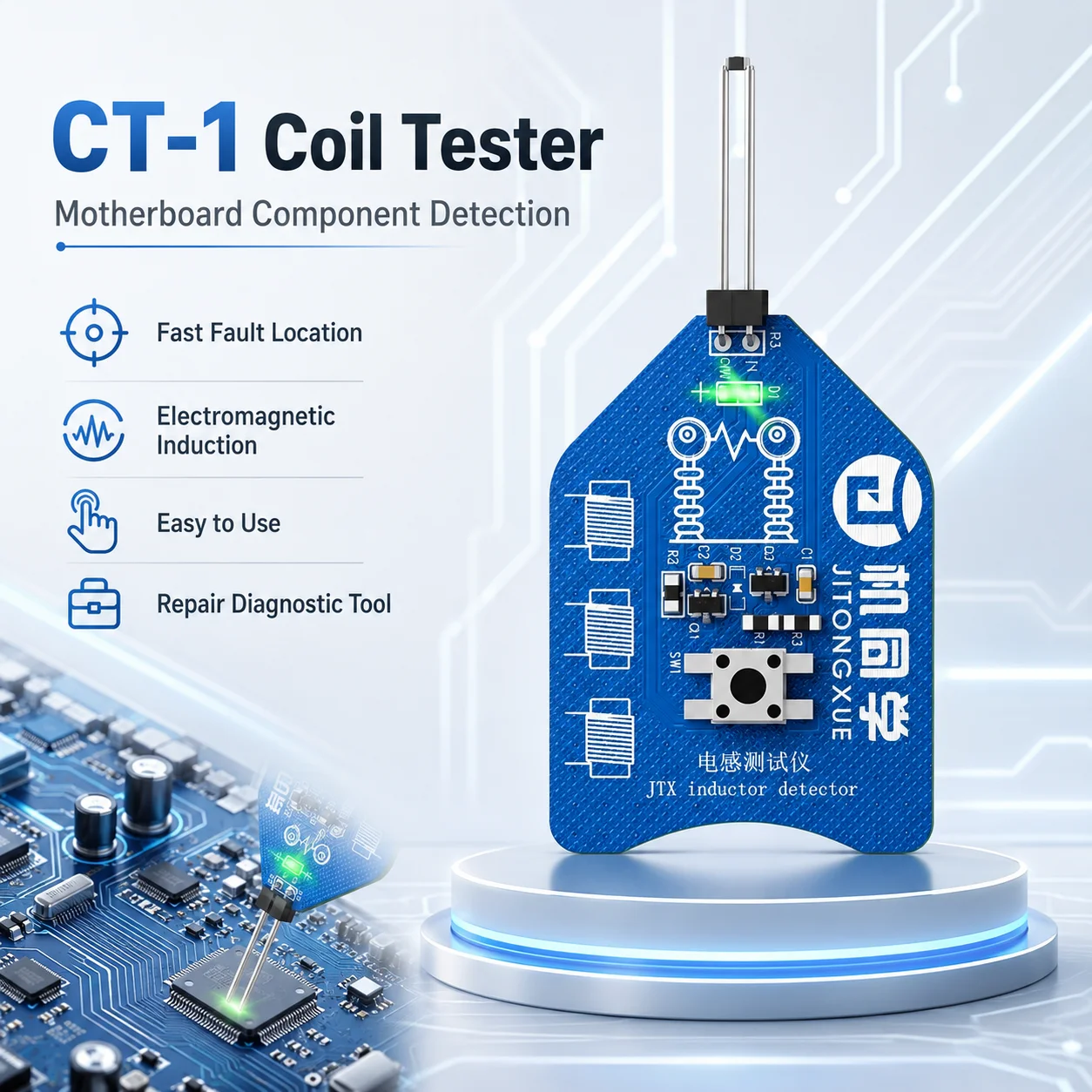 JXT CT-1 Inductance Detector Phone Motherboard Repair Electromagnetic Induction Fault Quick Troubleshooting PCB Circuit Tool Kit
JXT CT-1 Inductance Detector Phone Motherboard Repair Electromagnetic Induction Fault Quick Troubleshooting PCB Circuit Tool Kit