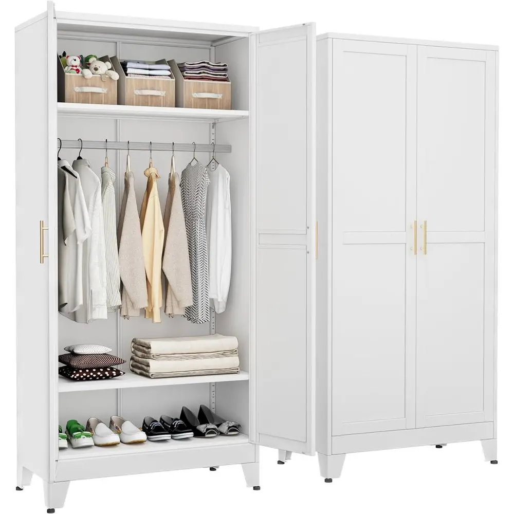 White 71 Metal Wardrobe Closet with Hanging Rod and Adjustable Shelves for Bedroom, Laundry, Home Office, Bathroom
White 71 Metal Wardrobe Closet with Hanging Rod and Adjustable Shelves for Bedroom, Laundry, Home Office, Bathroom