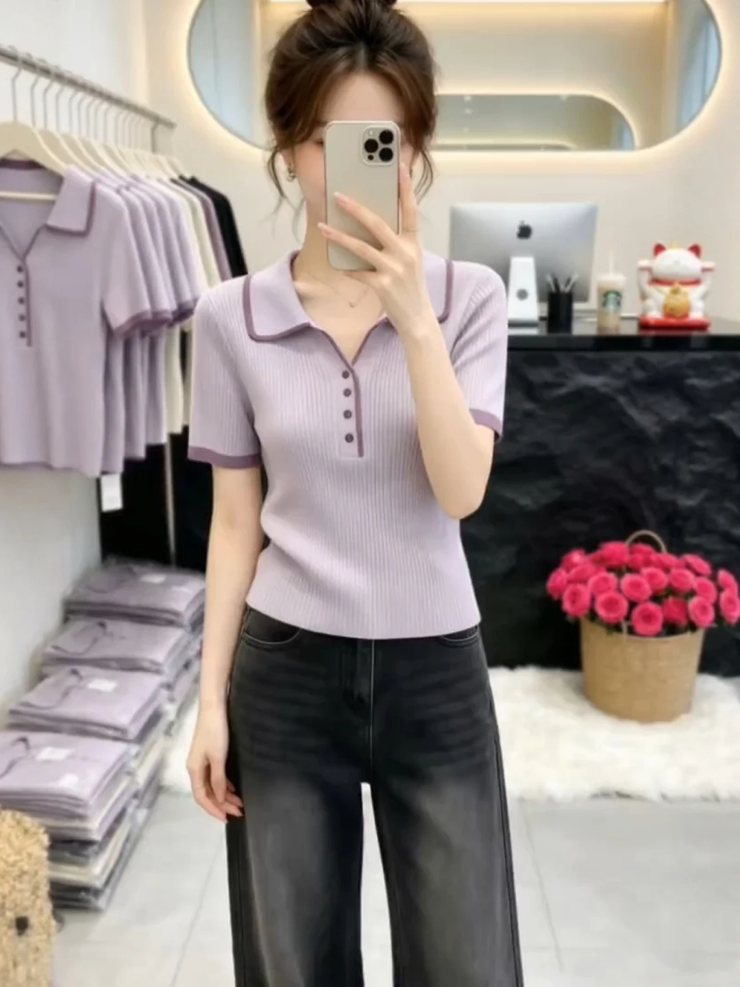 Purple V-Neck Short Sleeve Knitted Shirt Women's Summer plus Size Slimming Color Block Design Sensation Shoulder Level Top
Purple V-Neck Short Sleeve Knitted Shirt Women's Summer plus Size Slimming Color Block Design Sensation Shoulder Level Top