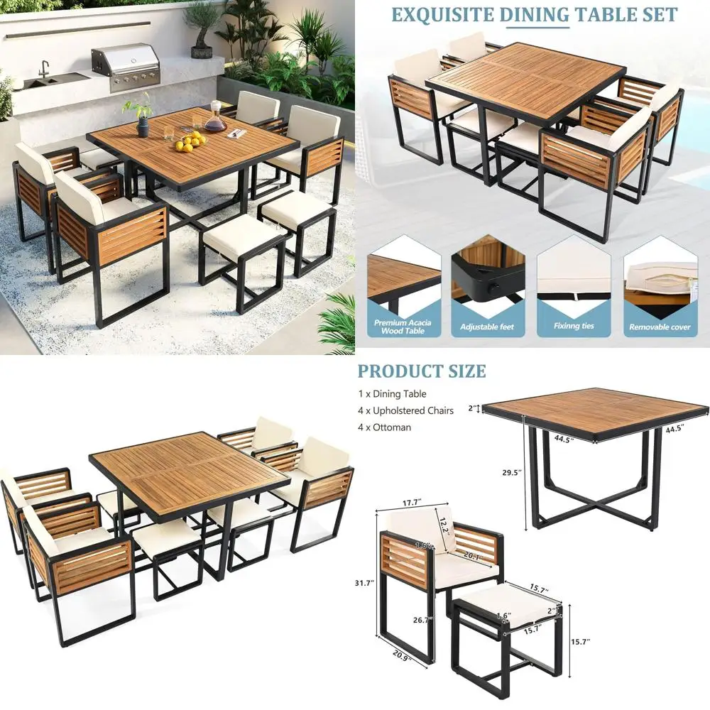 Набор для улицы из 9 предметов из акации: квадратный стол, 4 стула с мягкими сиденьями, 4 пуфа для сада, газона, зоны у бассейна
Набор для улицы из 9 предметов из акации: квадратный стол, 4 стула с мягкими сиденьями, 4 пуфа для сада, газона, зоны у бассейна
