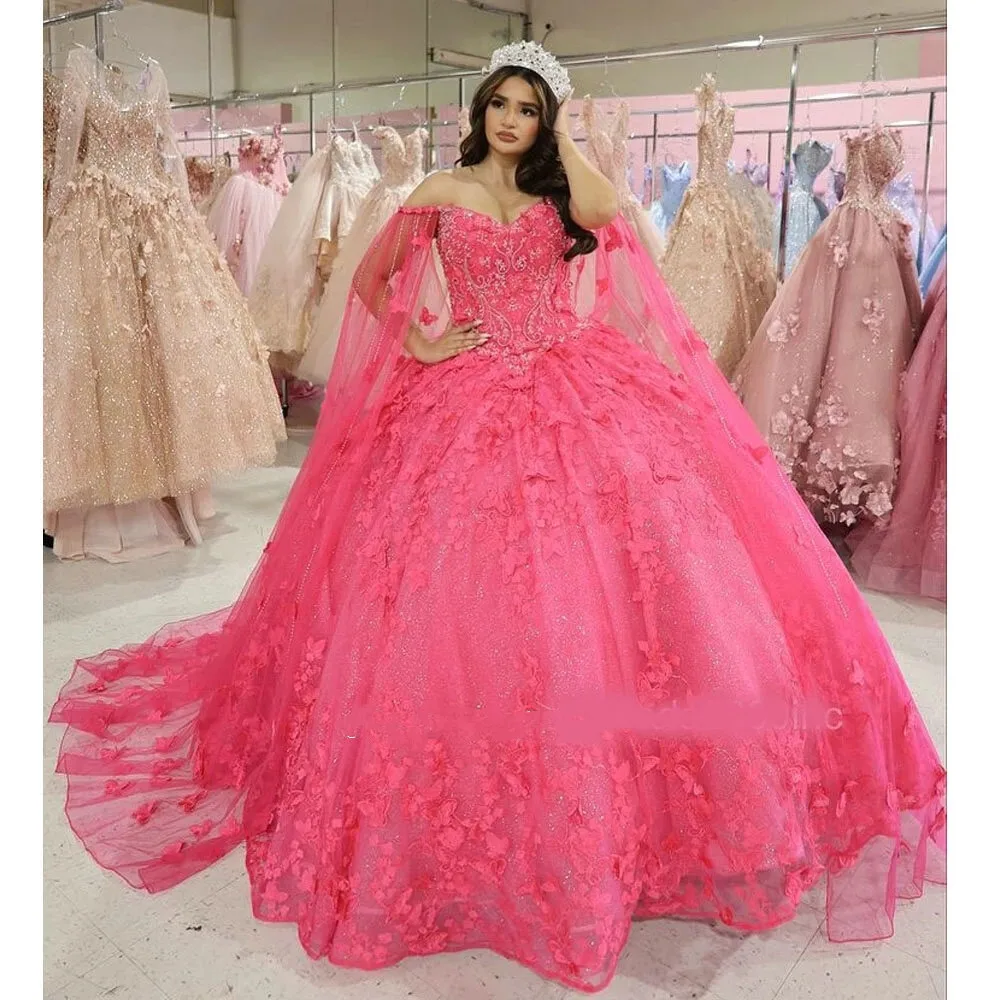Арбузно-красная бабочка с аппликацией из кружева Quinceanera Dre, бальное платье с плащом с открытыми плечами, Sweet 15, Vetido De XV
Арбузно-красная бабочка с аппликацией из кружева Quinceanera Dre, бальное платье с плащом с открытыми плечами, Sweet 15, Vetido De XV