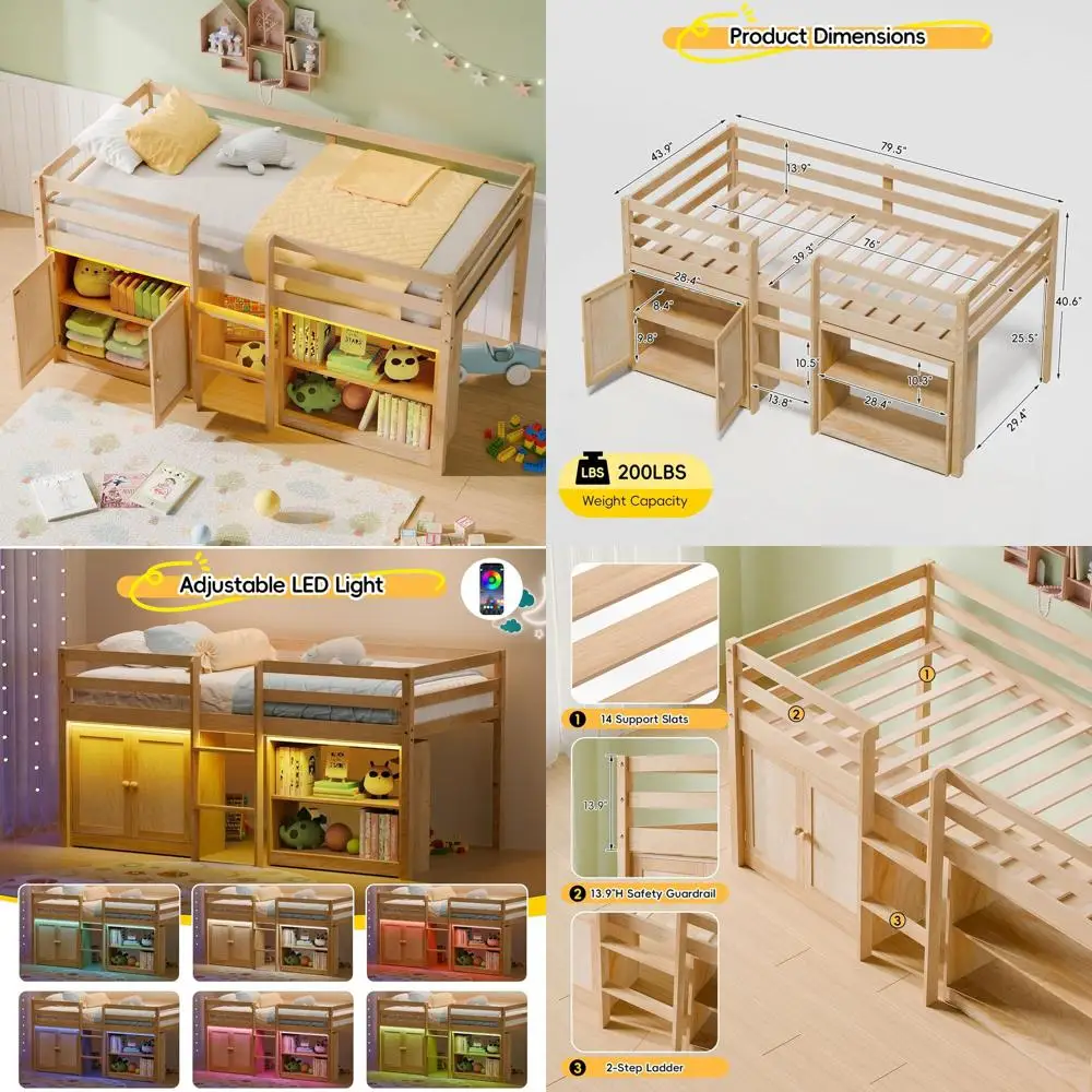 Multi-Color LED Twin Low Lot Bed with 2 Bookcases, Storage Cabinet, Safety Guardrail, Natural Finish
Multi-Color LED Twin Low Lot Bed with 2 Bookcases, Storage Cabinet, Safety Guardrail, Natural Finish