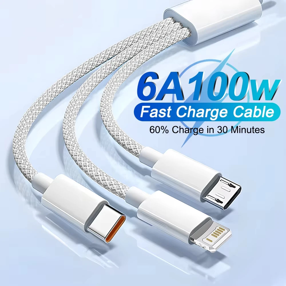 3In1 100W 6A Fast Charging Cable For iPhone Xiaomi Redmi POCO Oneplus OPPO Realme Micro USB Type-C Phone Charger USB Data Cable
3In1 100W 6A Fast Charging Cable For iPhone Xiaomi Redmi POCO Oneplus OPPO Realme Micro USB Type-C Phone Charger USB Data Cable