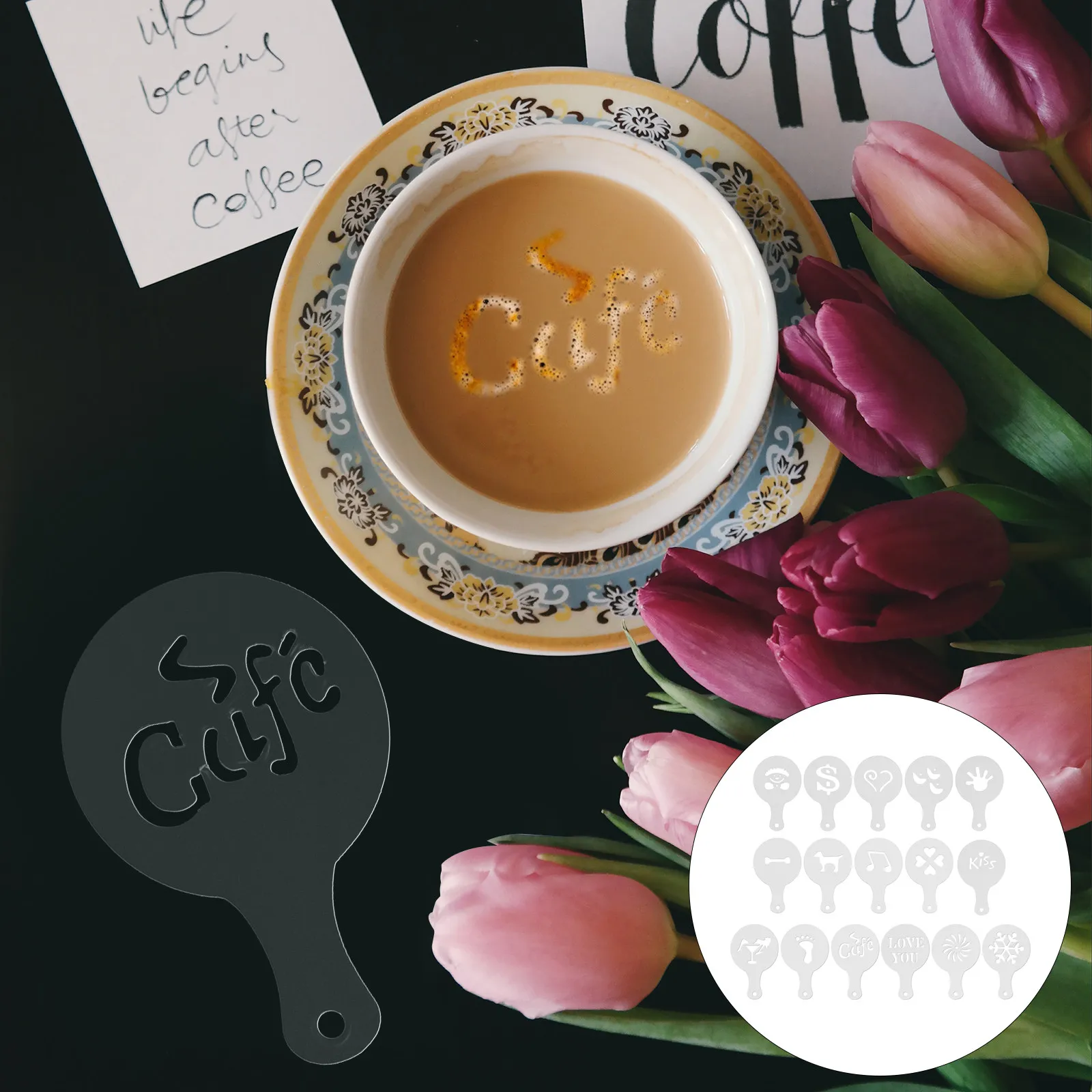 16Pcs Coffee Stencils Premium Reusable Plastic Latte Art Stencils for Cocoa Powder Decoration Dessert DIY Kits
16Pcs Coffee Stencils Premium Reusable Plastic Latte Art Stencils for Cocoa Powder Decoration Dessert DIY Kits
