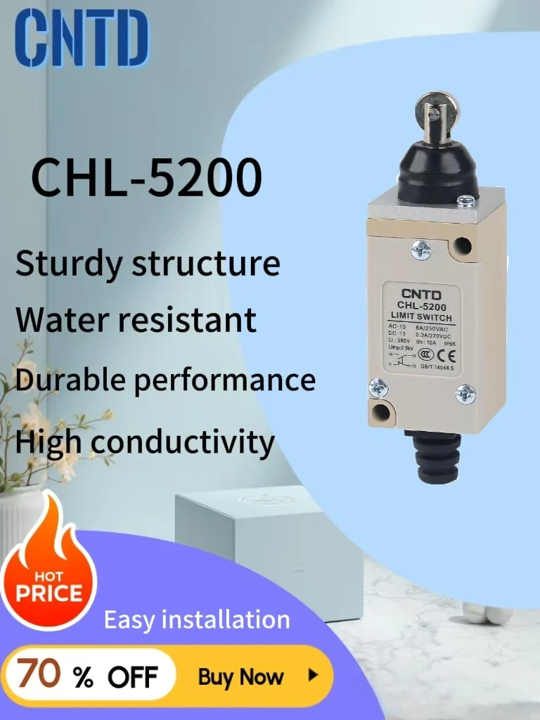 CNTD CHL-5200 Industrial Limit Switch Roller Plunger 6A 250V AC IP65 Heavy Duty Waterproof for Automation Machinery
CNTD CHL-5200 Industrial Limit Switch Roller Plunger 6A 250V AC IP65 Heavy Duty Waterproof for Automation Machinery