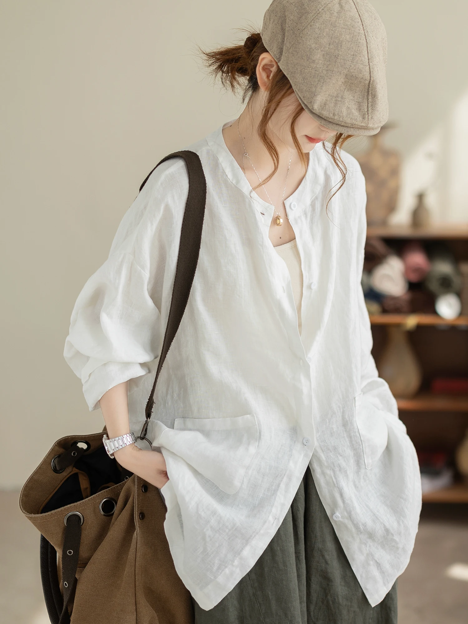 Casual Linen Shirt Women's Spring Autumn Loose Slimming Stand Collar Double Pocket Leisure Versatile Women's Open Cardigan
Casual Linen Shirt Women's Spring Autumn Loose Slimming Stand Collar Double Pocket Leisure Versatile Women's Open Cardigan