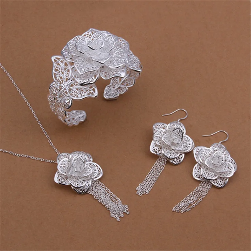 925 Sterling Silver Jewelry Sets Big Flower Bangle Earrings Bracelet 45cm Necklaces For Women Fashion Party Christmas Gifts
925 Sterling Silver Jewelry Sets Big Flower Bangle Earrings Bracelet 45cm Necklaces For Women Fashion Party Christmas Gifts