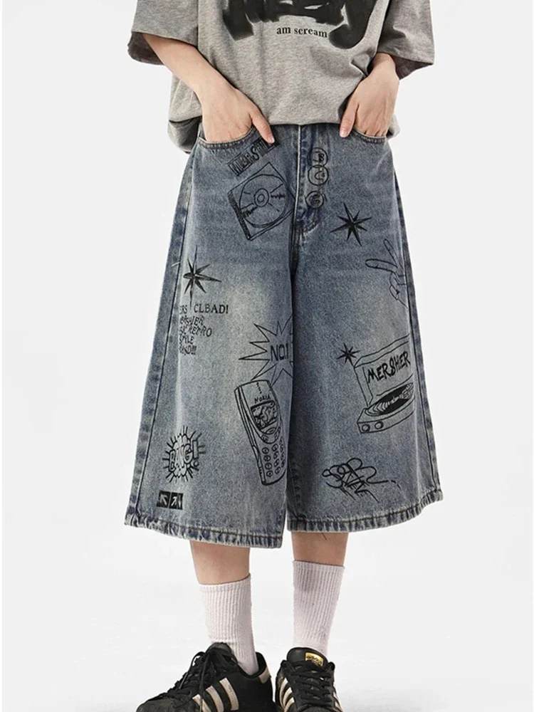 Women's Fun Graffiti Patterns Wide Leg Blue Denim Shorts Unisex Style Capris Summer Female High Waist Loose Knee Length Jeans
Women's Fun Graffiti Patterns Wide Leg Blue Denim Shorts Unisex Style Capris Summer Female High Waist Loose Knee Length Jeans