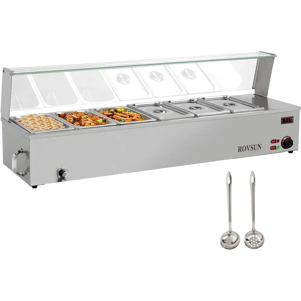 6-Pan Stainless Steel Commercial Food Warmer with Glass Shield, Temperature Control and Lid, 8 Quart per Pan, 110V 1500W
6-Pan Stainless Steel Commercial Food Warmer with Glass Shield, Temperature Control and Lid, 8 Quart per Pan, 110V 1500W