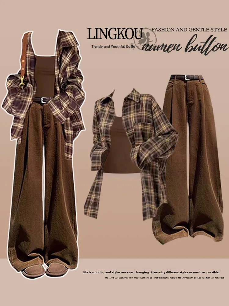 Spring Large Size Women's Outfit Korean Plaid Shirt Slimming Strap High Waist Casual Pants Three Piece Set Elegant Fashion
Spring Large Size Women's Outfit Korean Plaid Shirt Slimming Strap High Waist Casual Pants Three Piece Set Elegant Fashion